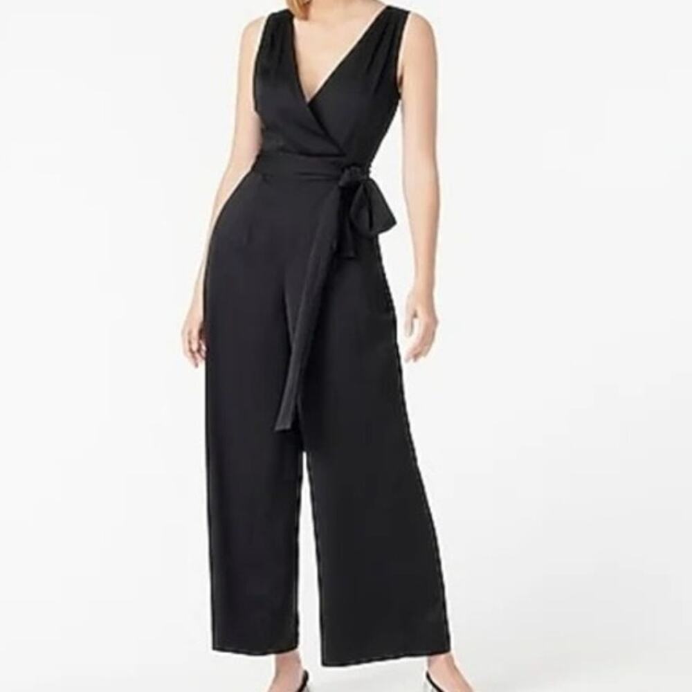 J.Crew Satin Effect Onepiece Sleeveless Jumpsuit Elastic Tie Waist Pocket 6 Blue
